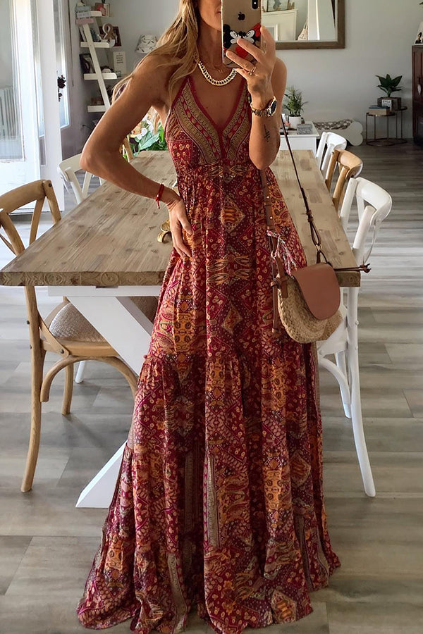 Celeste Printed Strap Elastic Waist Maxi Dresses