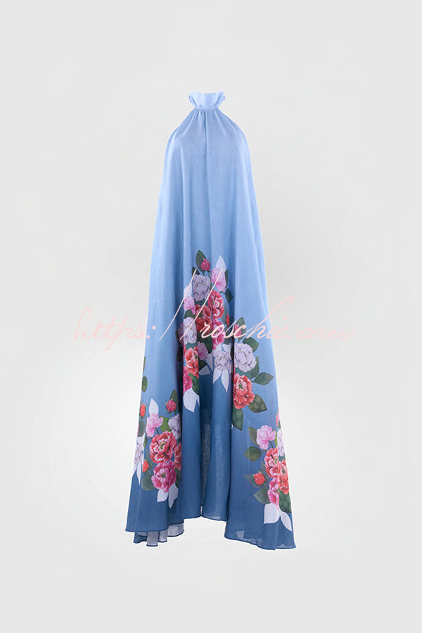 Blooming Flowers Satin Printed A-line Halter Tie-up Maxi Dress
