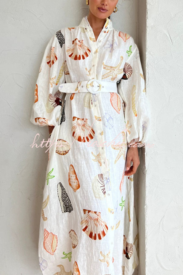 Swinton Marine Element Print Pocket Balloon Sleeve Belted Maxi Dress