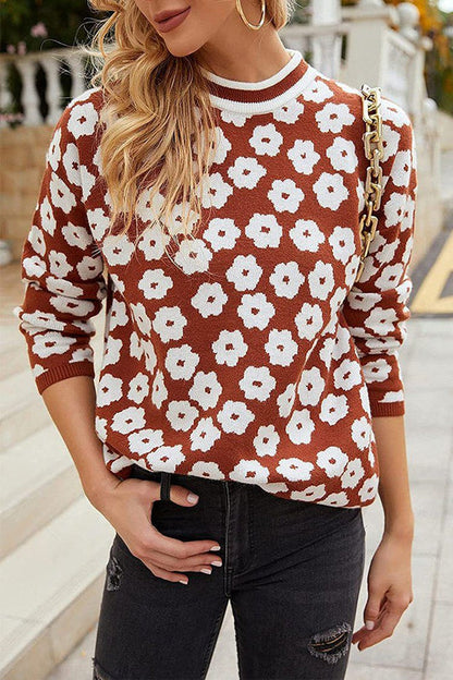 Mock Neck Print Knitted Sweater Color Block Light Weight Sweater