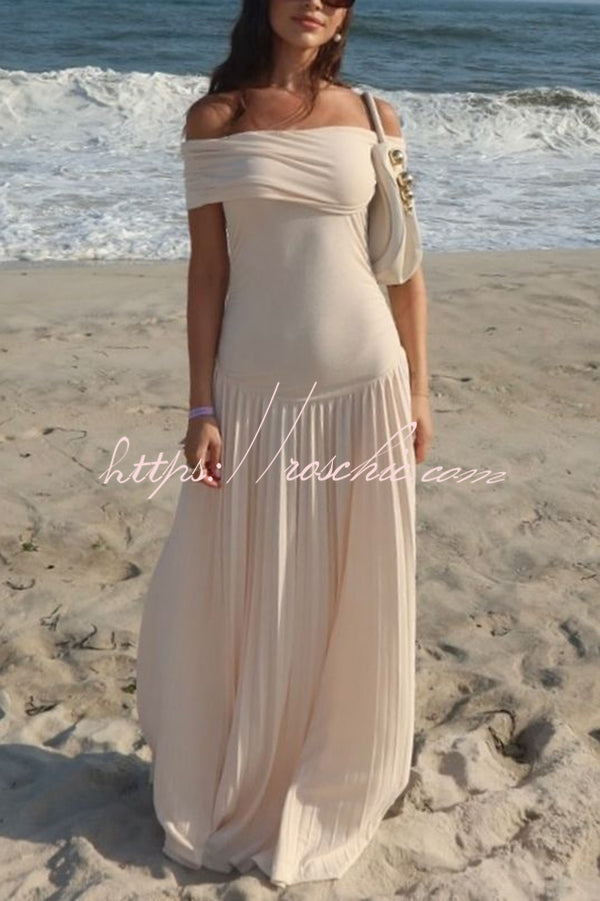 Off-shoulder Slim Fit Pleated Maxi Dress