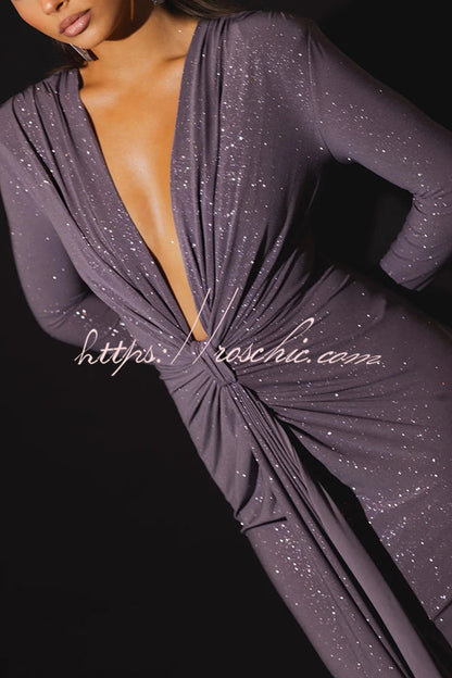 Color Shiny V-neck Long Sleeve Ribbon Slit Slim Fit Maxi Dress