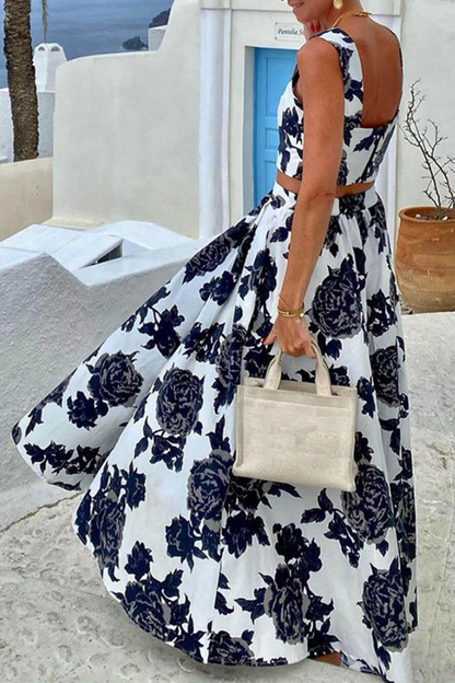 Printed Suspender Top and Skirt Two-piece Set