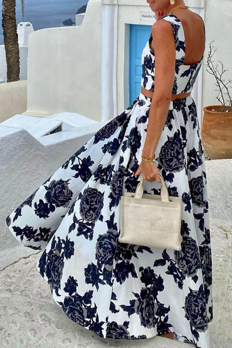 Printed Suspender Top and Skirt Two-piece Set