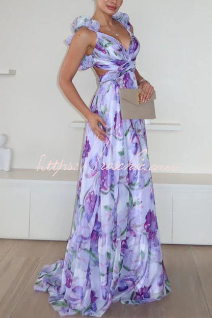 Whimsy Grace Tulle Ruffle Detail Back Lace-up Pleated Maxi Dress