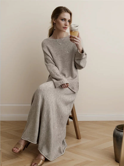 Soft Suits 2 Pieces Female Sets Slash Neck Sweater & Midi Dress Bling Knitted Tracksuit