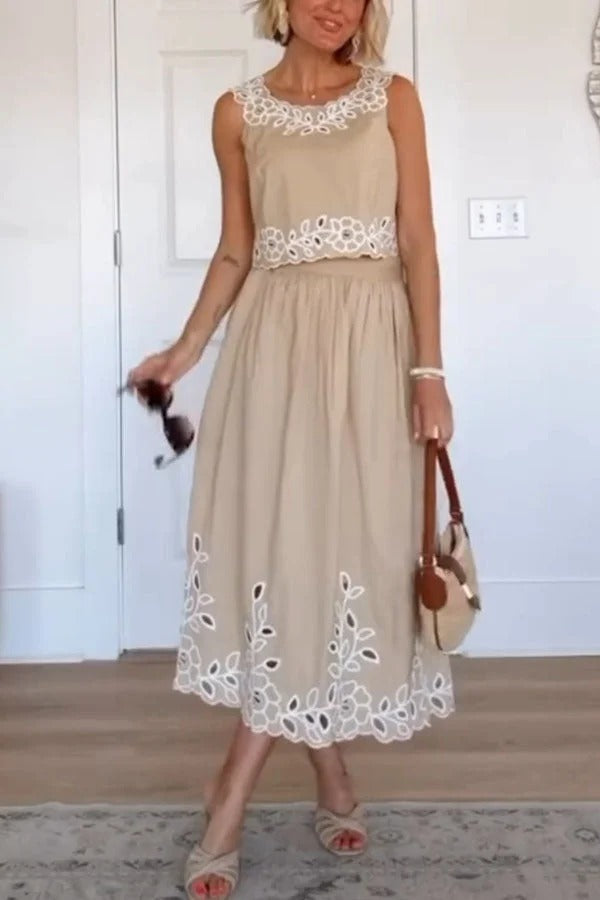 Vacation Season Eyelet Poplin Tank and High Rise Elastic Waist Midi Skirt