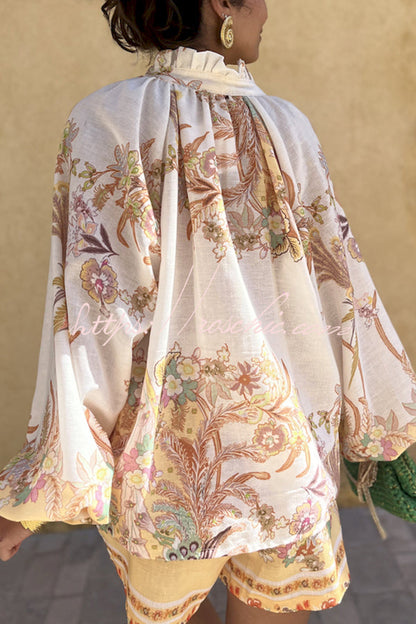 Botanical Print Palace Style Stand-up Collar Lantern Sleeve Loose Top and Shorts Set