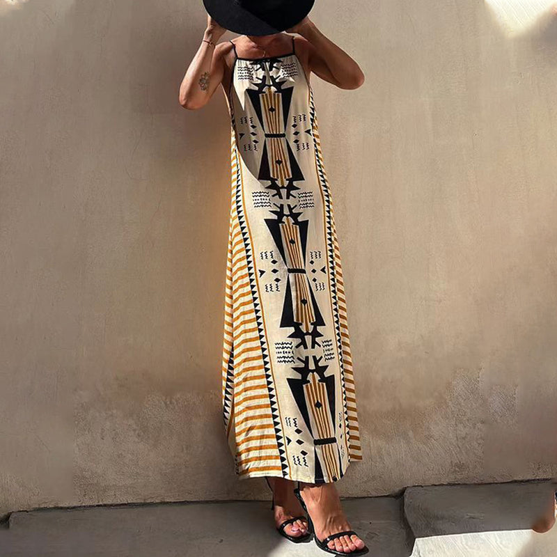 Printed Holiday Sleeveless Maxi Dress