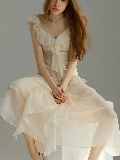 French Ruffles Midi Dress Summer New Sleeveless V-neck Holiday Beach Style A-line Party Prom Robe Vestido Mujer