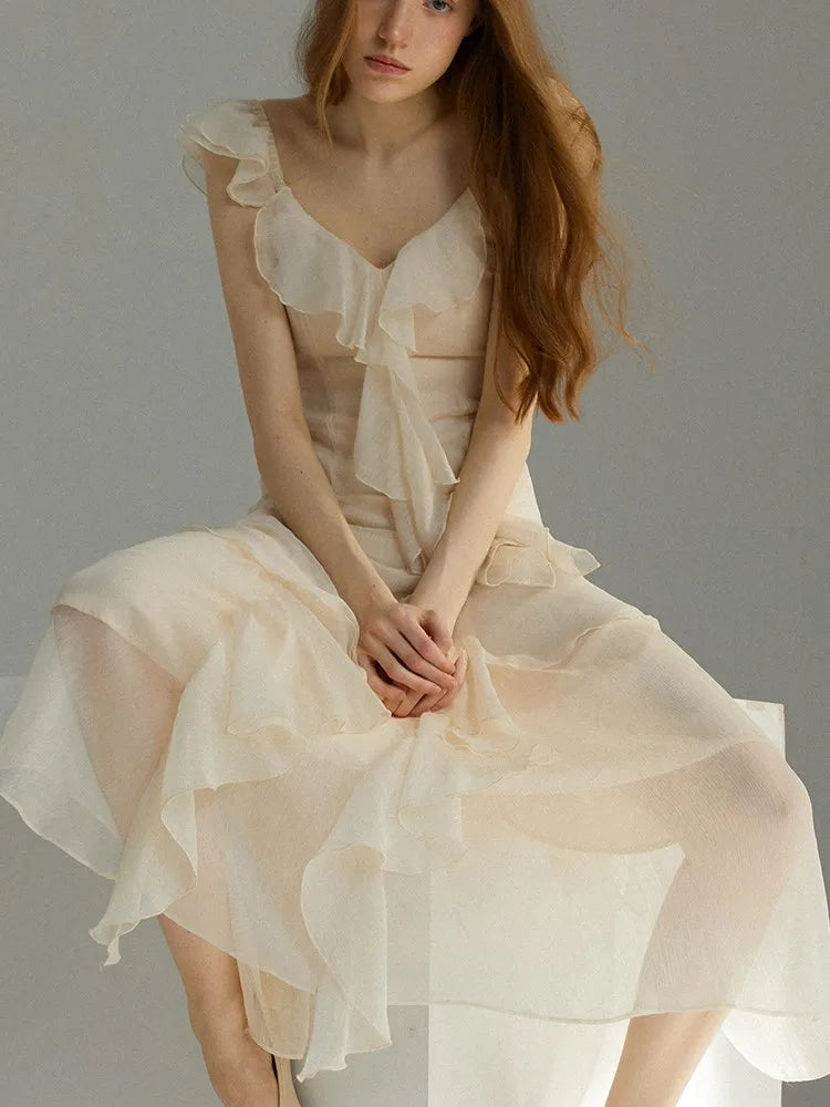 French Ruffles Midi Dress Summer New Sleeveless V-neck Holiday Beach Style A-line Party Prom Robe Vestido Mujer