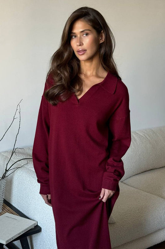 Red Polo Neck Knit Midi Dress