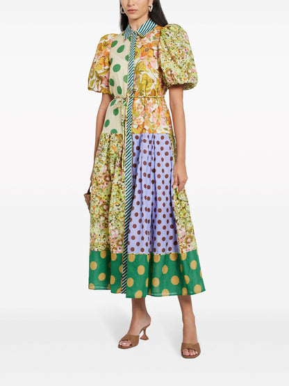 Exquisite Retro Print Puff Sleeve Midi Dress