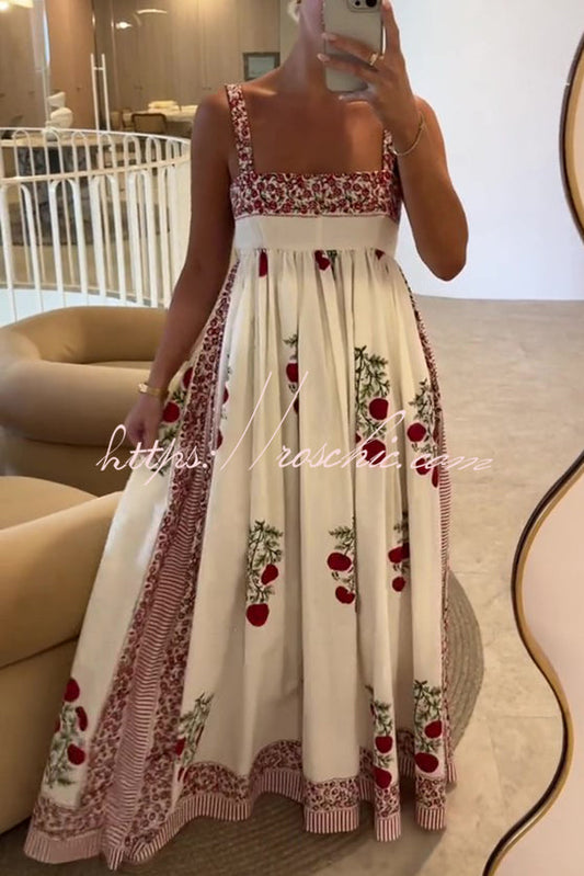Botanical Print High Waisted Wide Hem Suspender Maxi Dress