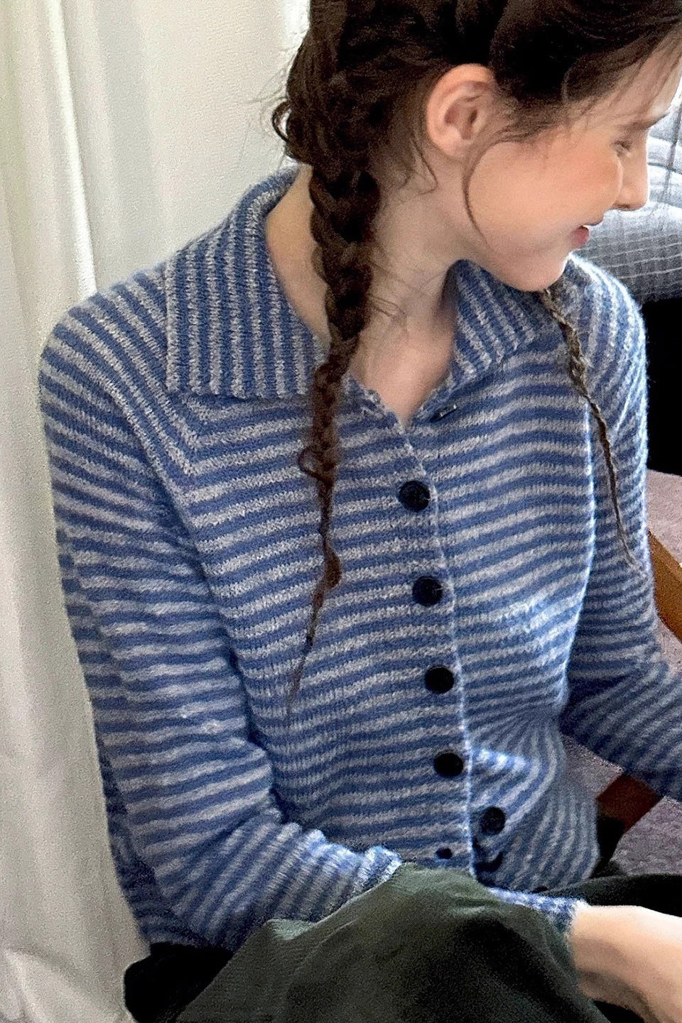 Color Block Striped Fitted Wool Knit Cardigan