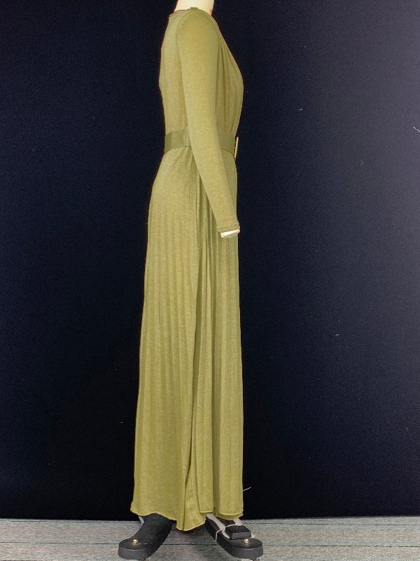 Long Sleeves Wrap Belted Pleated Color Split-side V-neck Evening Dresses Maxi Dresses