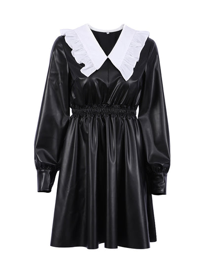 Loose Puff Sleeves Elasticity Pleated Split-joint Peter Pan Collar Mini Dresses