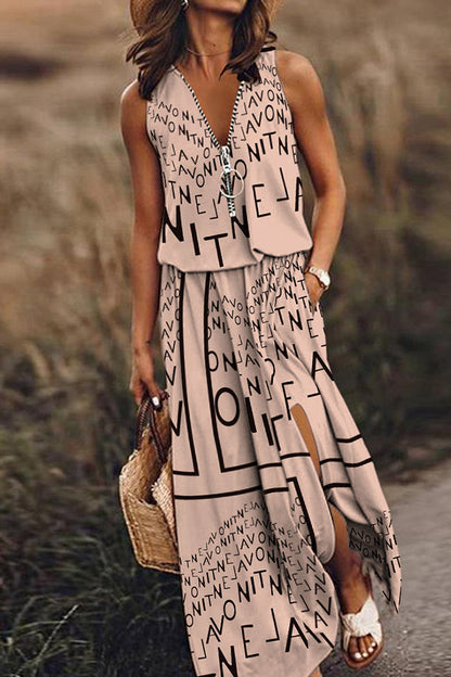 Sleeveless Long Dress Waist Zipper Letter Dress