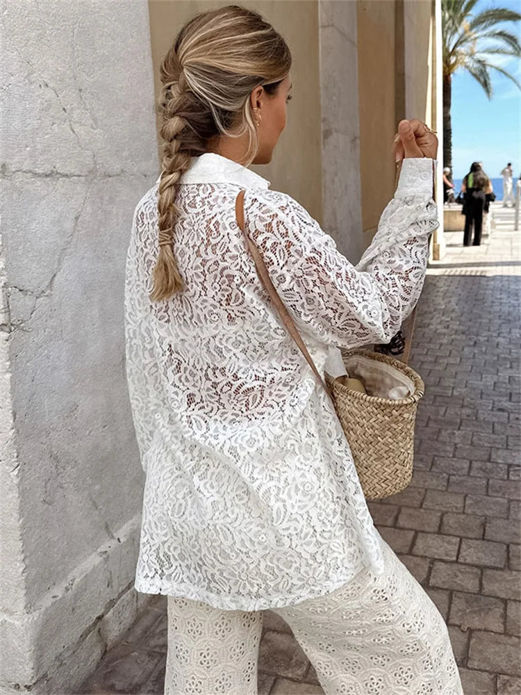 Hollow Out Printed Loose Shirts for Patchwork Lace See-through Summer Top Long Sleeve Female Blouse