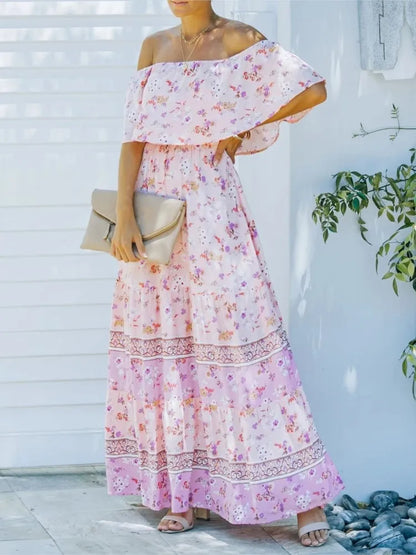 Flower Print Off Shoulder Long Dresses for Spring Summer New Temperament High Waist Leace-up Dress Female Vestidos