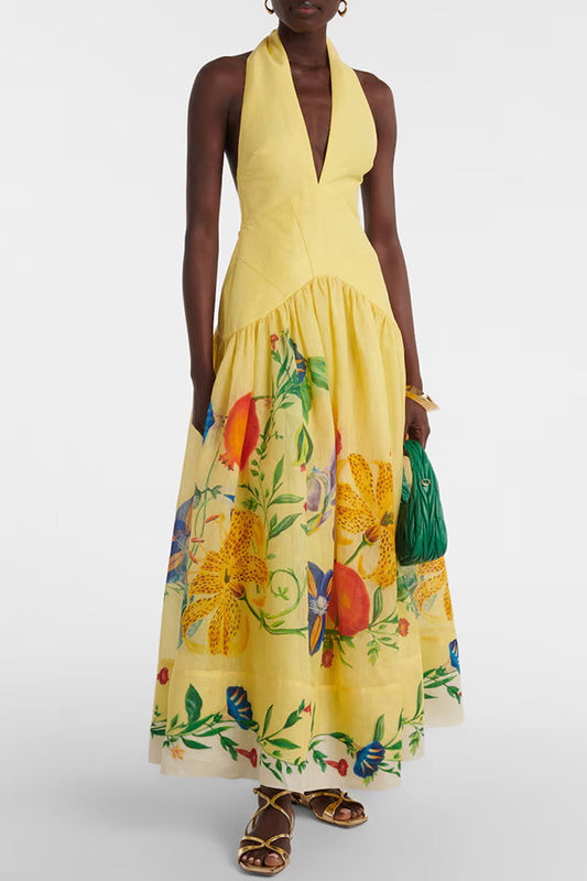 Print Halterneck Open Back Full Hem Maxi Dress