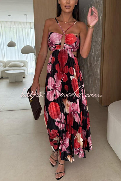Casey Satin Print Cutout Halter Back Tie-up Pleated Maxi Dress
