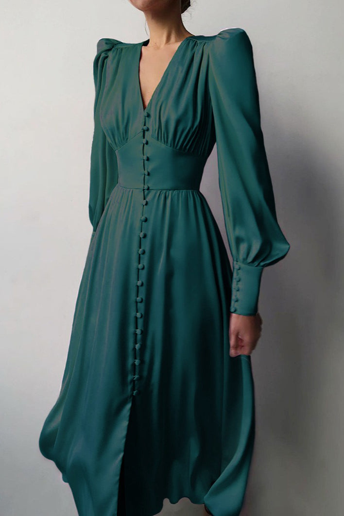 Satin Puff Sleeve Tailored Midi Dress