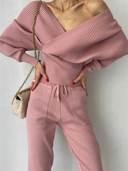 Knit V-neck Pullover 2 Piece-set for Patchwork Sweater and High Waist Drawstring ’s Pants Sets Outfits