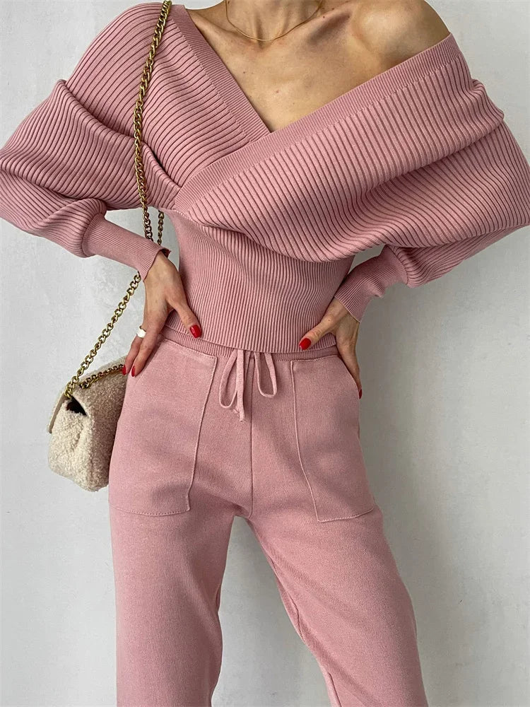 Knit V-neck Pullover 2 Piece-set for Patchwork Sweater and High Waist Drawstring ’s Pants Sets Outfits