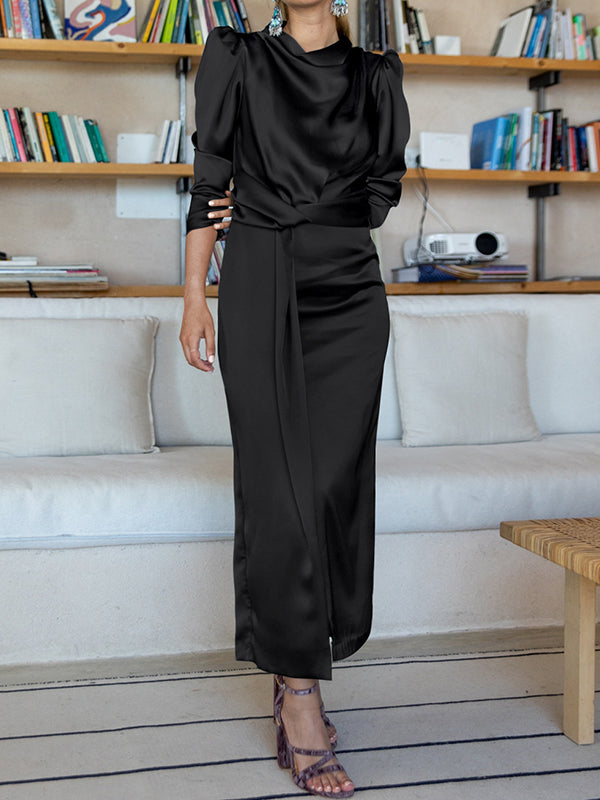 A-line High Waisted Pleated Color Split-front Mock Neck Maxi Dresses