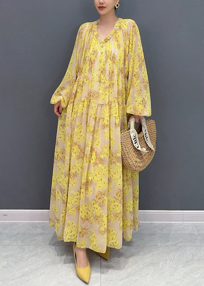 Yellow V Neck Ruffled Print Chiffon Long Dresses Fall Ao1069