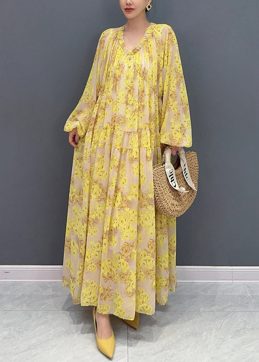 Yellow V Neck Ruffled Print Chiffon Long Dresses Fall Ao1069