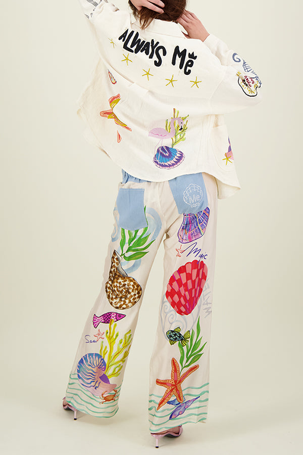 Dream Ocean Satin Unique Print Button Down Pocket Oversized Blouse