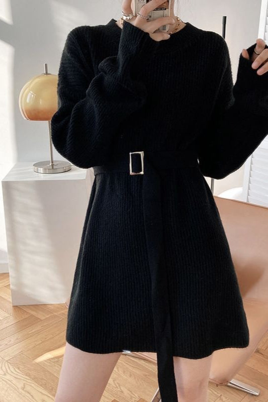 French Style Tie-waist Knit Mini Dress