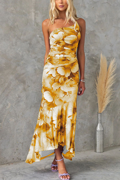 Deja Mesh Overlay Print One Shoulder Ruched Stretch Maxi Dress