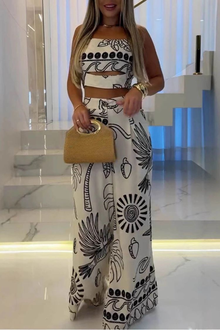 And Unique Print Suspender Top and Wide-leg Pants Set