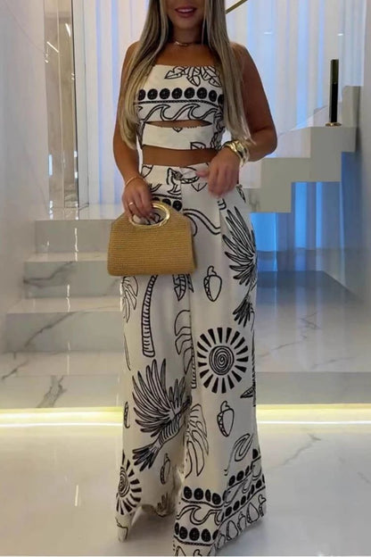 And Unique Print Suspender Top and Wide-leg Pants Set