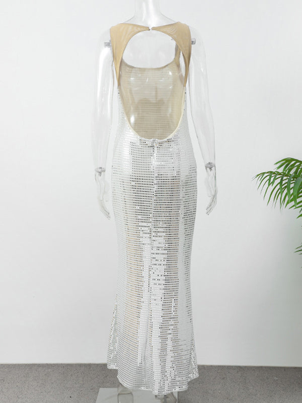 Bodycon Sleeveless See-through Shiny Split-joint Spaghetti-neck Evening Dresses Maxi Dresses