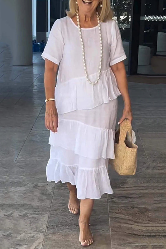 Linen Blend Color Round Neck Loose Midi Dress