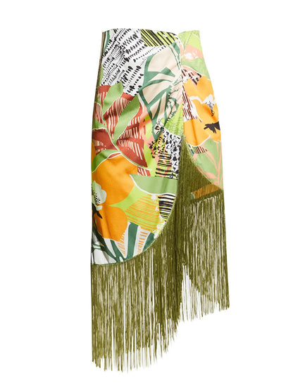 Print Fringe Swimsuit and Skirt