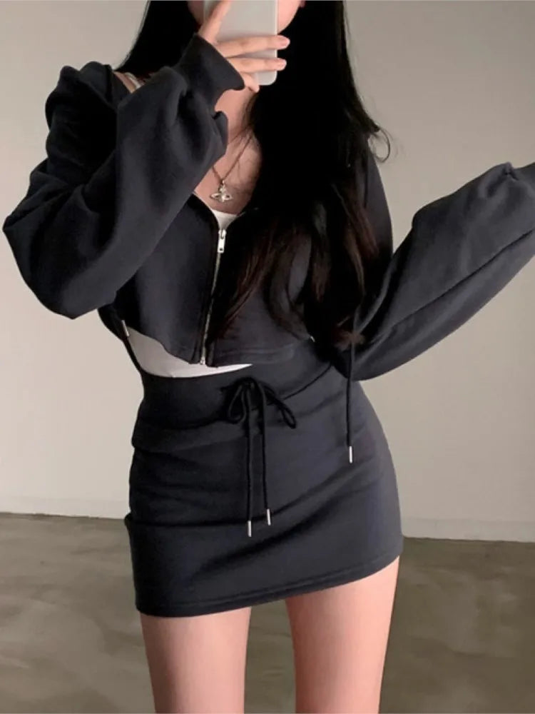 Korean 2 Piece Set Hooded Zip-up Long Sleeve Cropped Coat + Drawstring Mini Skirt Autumn Spring Outfits