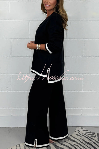 Color V-neck Long-sleeved Loose Top and Elastic Waist Wide-leg Pants Set