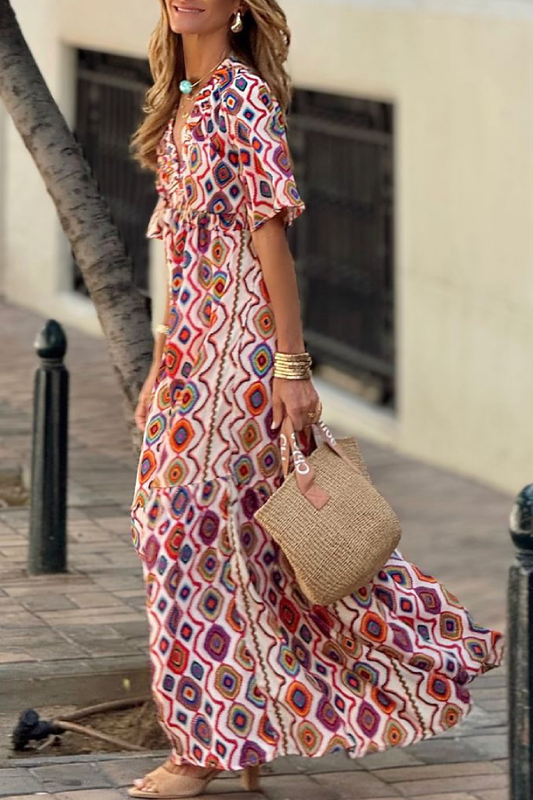 V Neck Short Sleeve Plaid Print Midi Dress