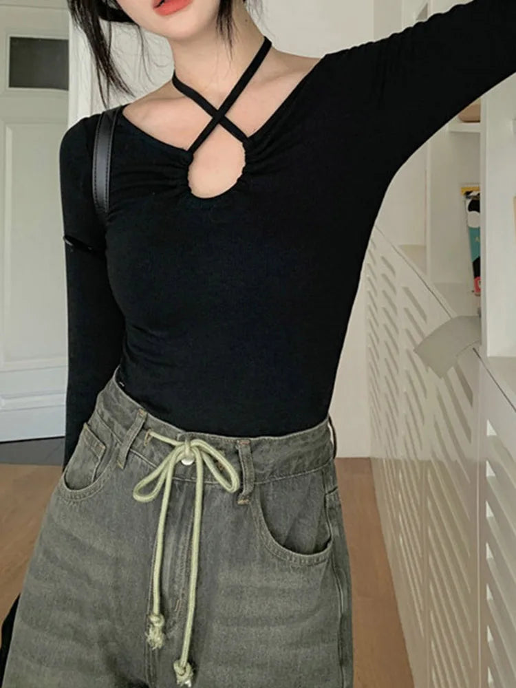 Autumn Korean Y2k T-shirt Woman Japanese Halter Bandage V-neck Skinny Long Sleeve Autum Tee Shirt Tshirt Tops