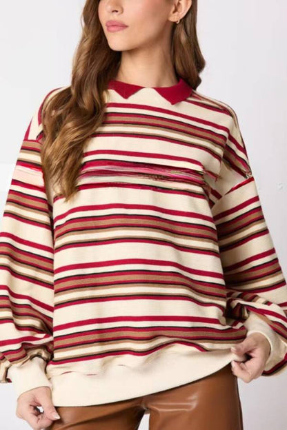 Striped Lapel Long-sleeved Top Loose Sweatshirt