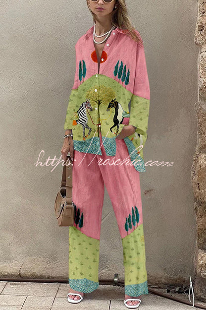 Horse Print Oversized Long Sleeved Shirt and Elastic Waist Pocket Pants Set