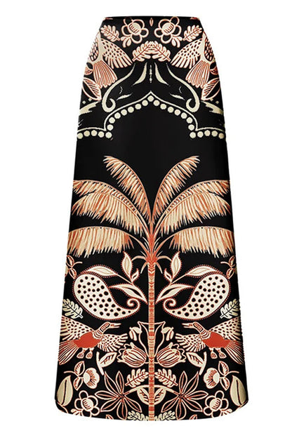 Palm Tree Bird Print Color Block High Waist Bikini and Skirt