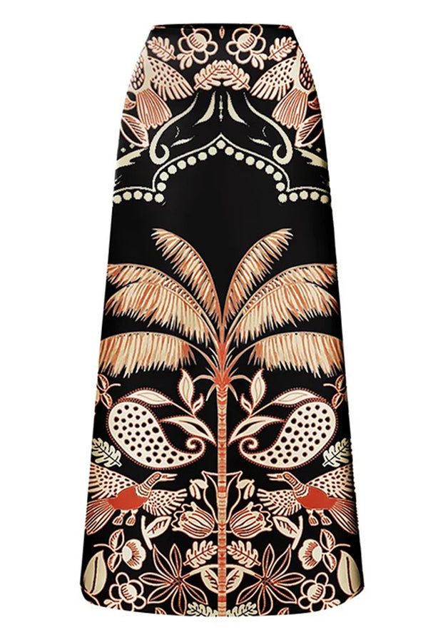 Palm Tree Bird Print Color Block High Waist Bikini and Skirt