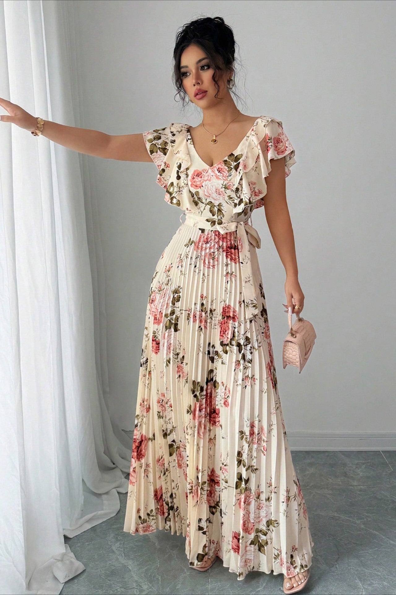 Print Ruffle Sleeve V Neck Pleated Maxi Dress