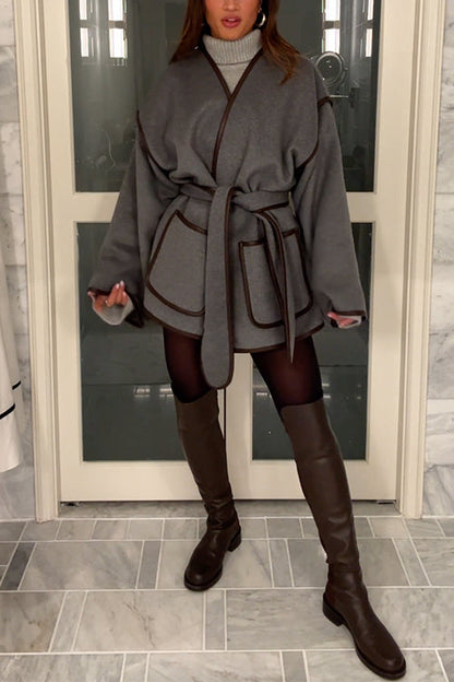 Open Front Pocketed Splice Coat With Belt